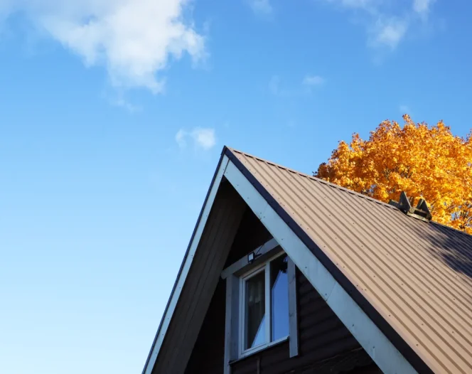Rooftop house under the autumn tree against blue sky